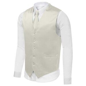 Retro Men's Ivory Formal Tux Vest Set w/Neck Tie, Pocket Square - Fits Men's M-L